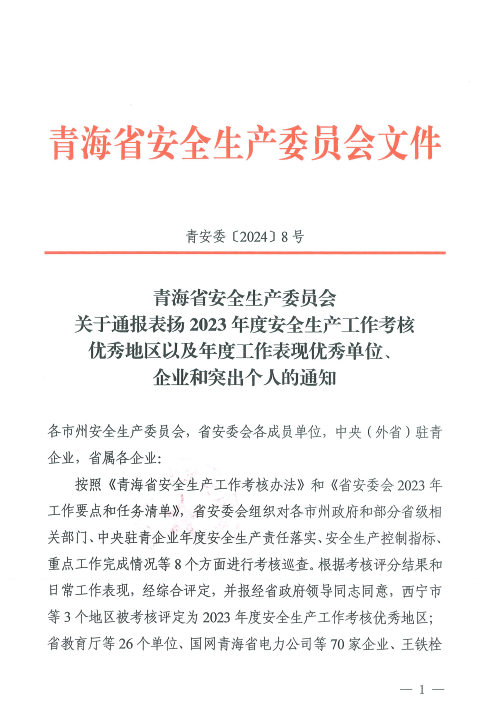 喜報！2023年度安全生產(chǎn)工作優(yōu)秀企業(yè)和突出個人名單揭曉！